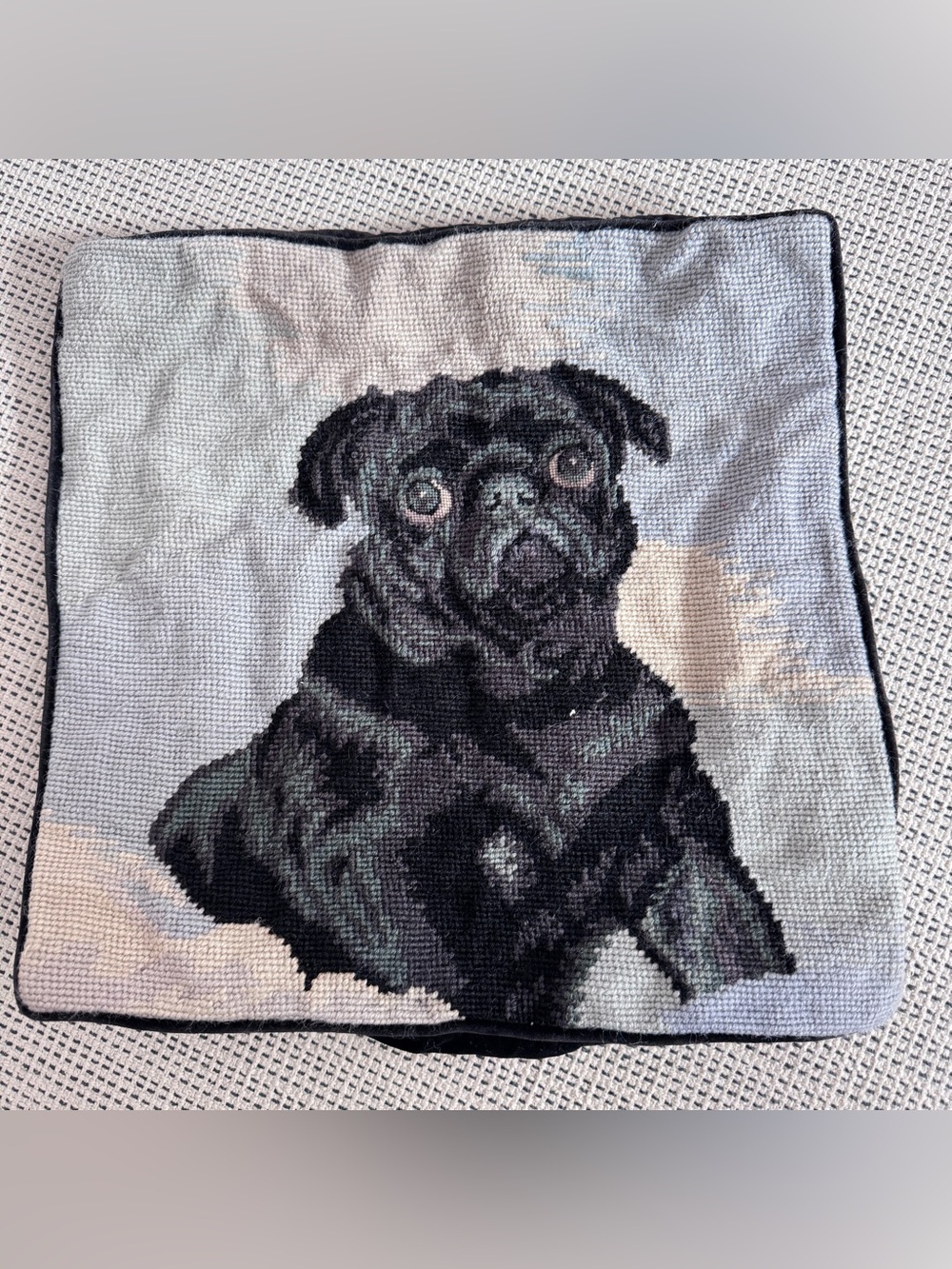Vintage Lynn Haney Black Pug Wool & Velvet Needlepoint Dog Pillow Cover